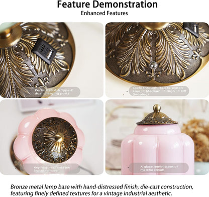 Vintage Touch Bedside Table Lamp, Elegant Green Glass Bedside Desk Lamp 3 Way Dimmable with USB C+A Charging Ports - Bedroom Nightstand & Living Room Essential (Pink, 6.5)