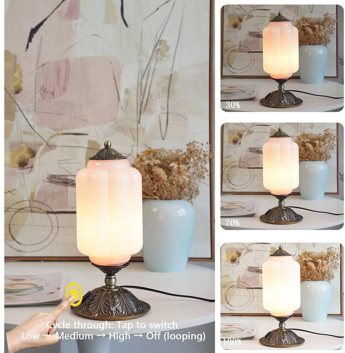Vintage Touch Bedside Table Lamp, Elegant Green Glass Bedside Desk Lamp 3 Way Dimmable with USB C+A Charging Ports - Bedroom Nightstand & Living Room Essential (Pink, 6.5)