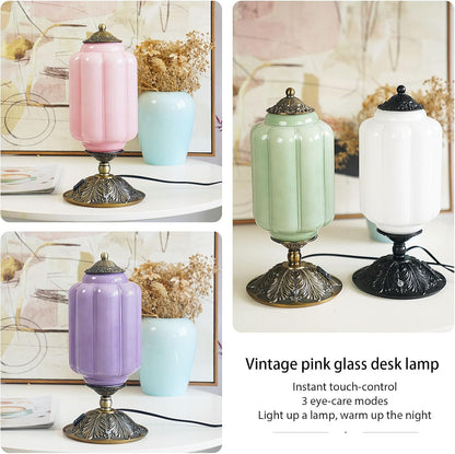 Vintage Touch Bedside Table Lamp, Elegant Green Glass Bedside Desk Lamp 3 Way Dimmable with USB C+A Charging Ports - Bedroom Nightstand & Living Room Essential (Pink, 6.5)