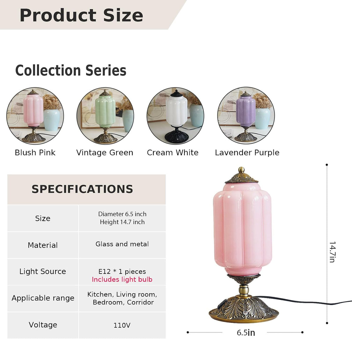 Vintage Touch Bedside Table Lamp, Elegant Green Glass Bedside Desk Lamp 3 Way Dimmable with USB C+A Charging Ports - Bedroom Nightstand & Living Room Essential (Pink, 6.5)