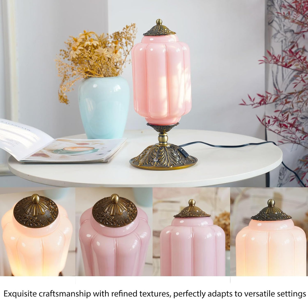 Vintage Touch Bedside Table Lamp, Elegant Green Glass Bedside Desk Lamp 3 Way Dimmable with USB C+A Charging Ports - Bedroom Nightstand & Living Room Essential (Pink, 6.5)