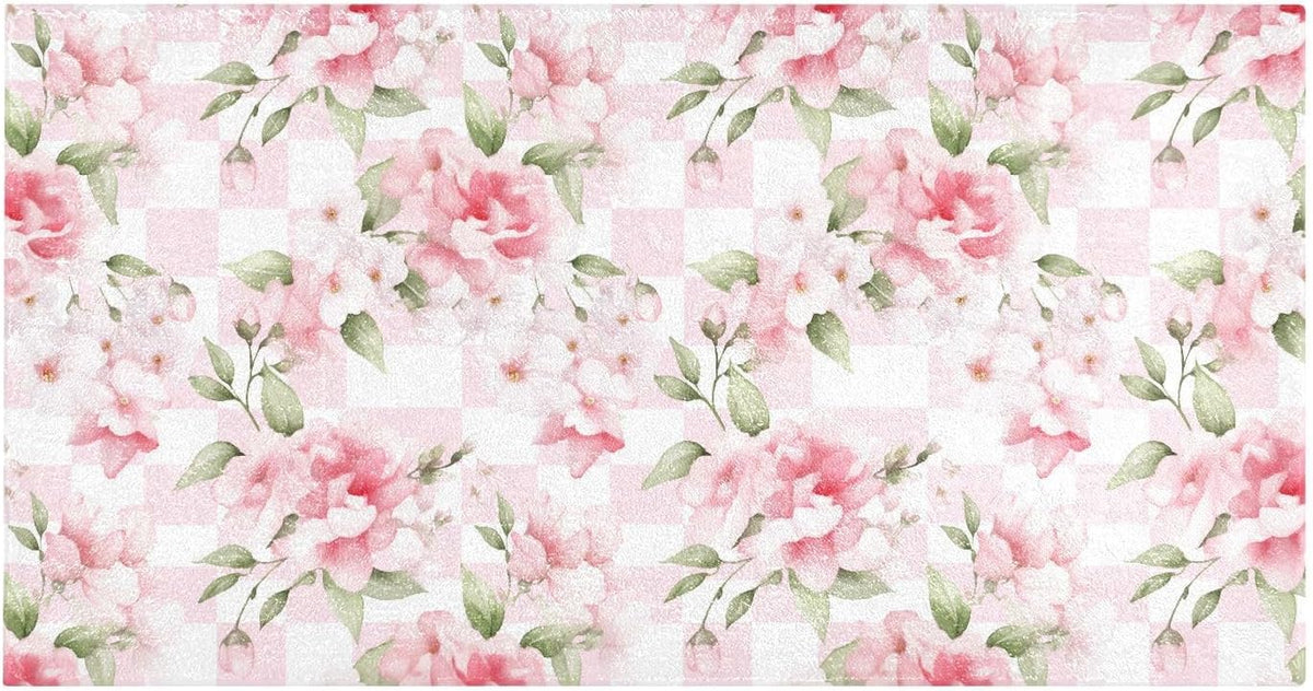 Bathroom Rug Flower Pink Checkered Bath Mat 39x20in Soft Absorbent Plush Shaggy Bath Carpet Non-Slip Washable for Bathroom Floor Tub Shower