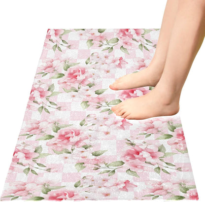 Bathroom Rug Flower Pink Checkered Bath Mat 39x20in Soft Absorbent Plush Shaggy Bath Carpet Non-Slip Washable for Bathroom Floor Tub Shower