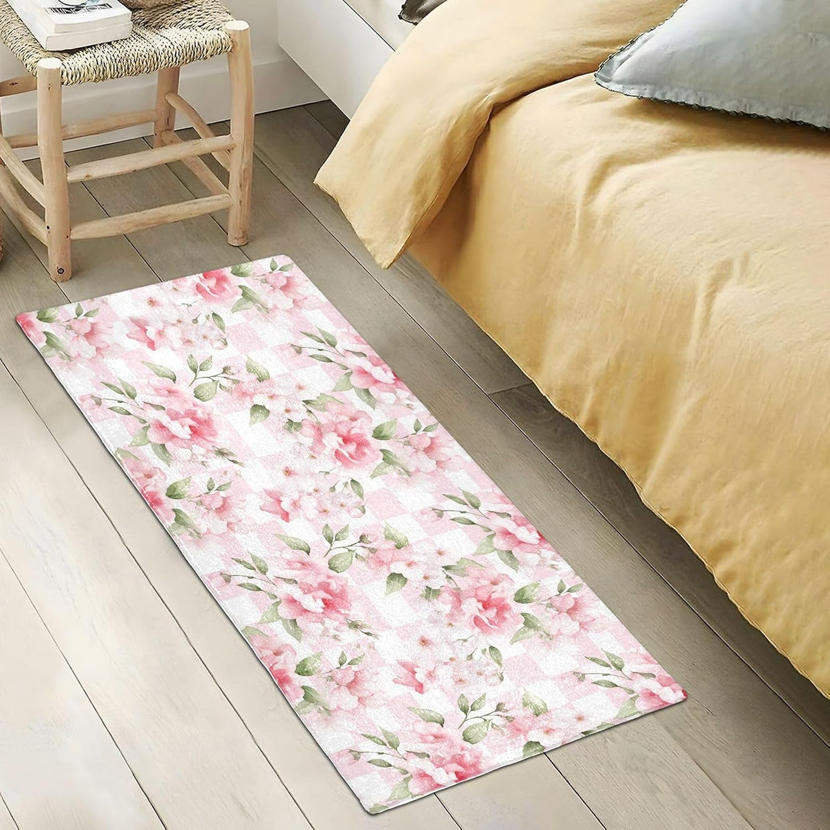 Bathroom Rug Flower Pink Checkered Bath Mat 39x20in Soft Absorbent Plush Shaggy Bath Carpet Non-Slip Washable for Bathroom Floor Tub Shower