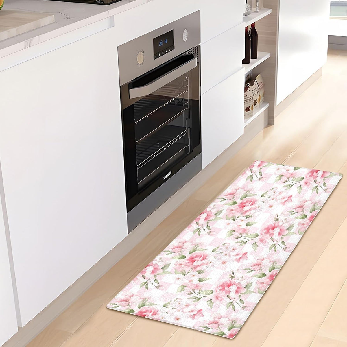 Bathroom Rug Flower Pink Checkered Bath Mat 39x20in Soft Absorbent Plush Shaggy Bath Carpet Non-Slip Washable for Bathroom Floor Tub Shower