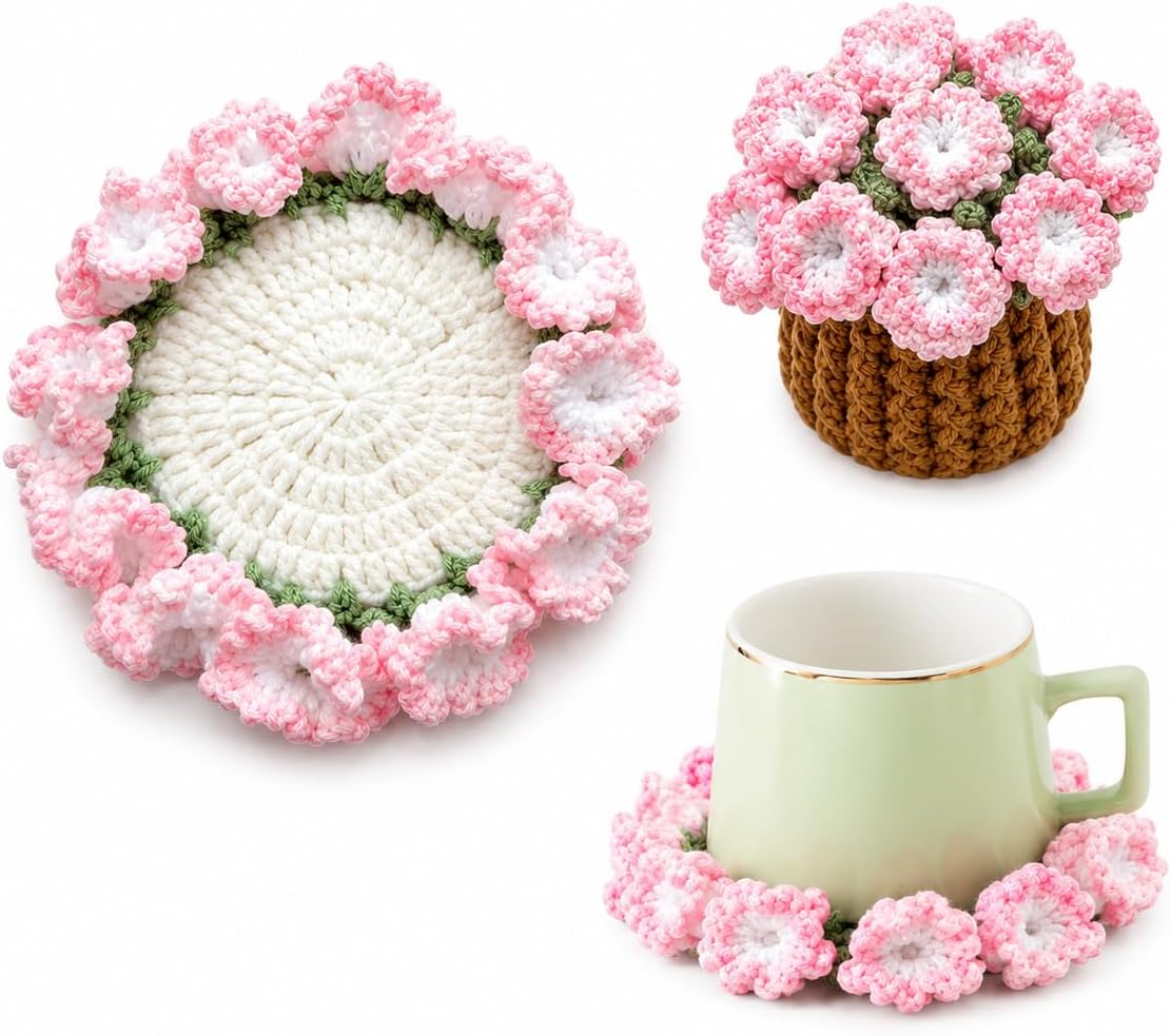 Flower Crochet Coasters Set, Handmade Bouquet Coaster with Crochet Plant Pot, Cute Drink Coasters for Desk Coffee Table, Foldable Decorative Coasters for Home Office Decor Gift (Pink)