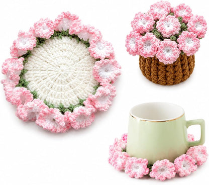 Flower Crochet Coasters Set, Handmade Bouquet Coaster with Crochet Plant Pot, Cute Drink Coasters for Desk Coffee Table, Foldable Decorative Coasters for Home Office Decor Gift (Pink)