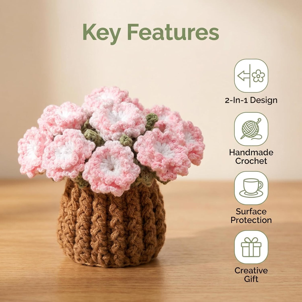 Flower Crochet Coasters Set, Handmade Bouquet Coaster with Crochet Plant Pot, Cute Drink Coasters for Desk Coffee Table, Foldable Decorative Coasters for Home Office Decor Gift (Pink)