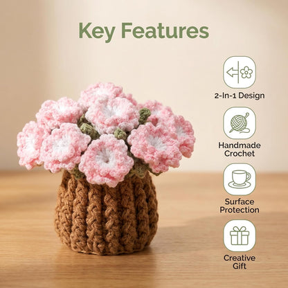 Flower Crochet Coasters Set, Handmade Bouquet Coaster with Crochet Plant Pot, Cute Drink Coasters for Desk Coffee Table, Foldable Decorative Coasters for Home Office Decor Gift (Pink)