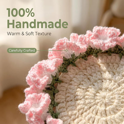 Flower Crochet Coasters Set, Handmade Bouquet Coaster with Crochet Plant Pot, Cute Drink Coasters for Desk Coffee Table, Foldable Decorative Coasters for Home Office Decor Gift (Pink)