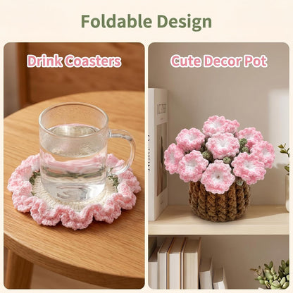 Flower Crochet Coasters Set, Handmade Bouquet Coaster with Crochet Plant Pot, Cute Drink Coasters for Desk Coffee Table, Foldable Decorative Coasters for Home Office Decor Gift (Pink)