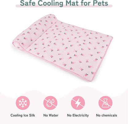 Cooling Dog Bed, Pet Cooling Mat with Pillow, Ice Silk Cooling Dog Blanket, Self Cooling Pad for Cat,Dog, Washable Summer Pet Mat for Kennel, Crates, Sofa, Floor, Pink, S