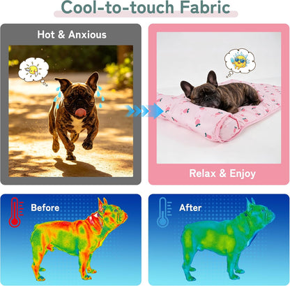 Cooling Dog Bed, Pet Cooling Mat with Pillow, Ice Silk Cooling Dog Blanket, Self Cooling Pad for Cat,Dog, Washable Summer Pet Mat for Kennel, Crates, Sofa, Floor, Pink, S