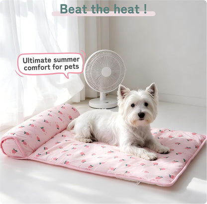 Cooling Dog Bed, Pet Cooling Mat with Pillow, Ice Silk Cooling Dog Blanket, Self Cooling Pad for Cat,Dog, Washable Summer Pet Mat for Kennel, Crates, Sofa, Floor, Pink, S