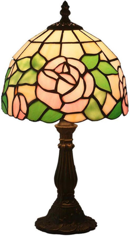 Tiffany Style Antique Stained Glass Table Lamp Pink Rose Lamp Shade Zinc Alloy Base Bedside Lamp for Living Room Bedroom Coffee