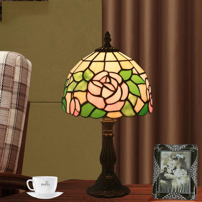 Tiffany Style Antique Stained Glass Table Lamp Pink Rose Lamp Shade Zinc Alloy Base Bedside Lamp for Living Room Bedroom Coffee