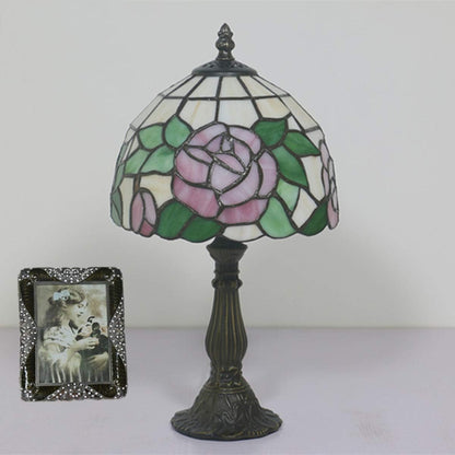 Tiffany Style Antique Stained Glass Table Lamp Pink Rose Lamp Shade Zinc Alloy Base Bedside Lamp for Living Room Bedroom Coffee