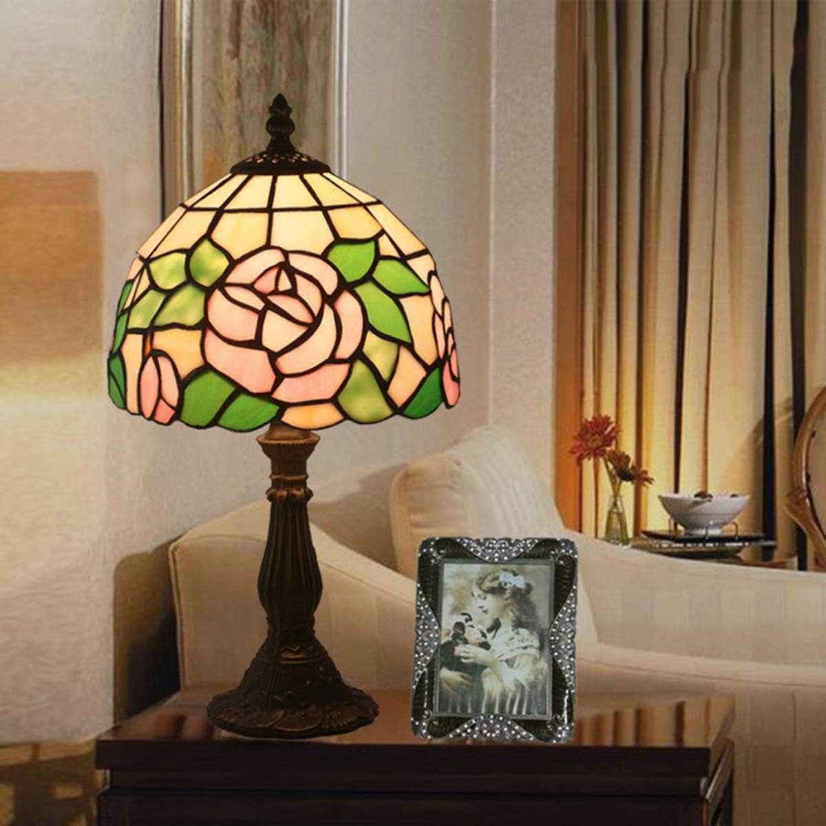 Tiffany Style Antique Stained Glass Table Lamp Pink Rose Lamp Shade Zinc Alloy Base Bedside Lamp for Living Room Bedroom Coffee