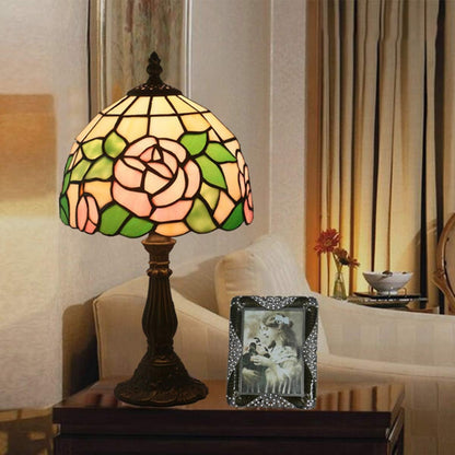 Tiffany Style Antique Stained Glass Table Lamp Pink Rose Lamp Shade Zinc Alloy Base Bedside Lamp for Living Room Bedroom Coffee