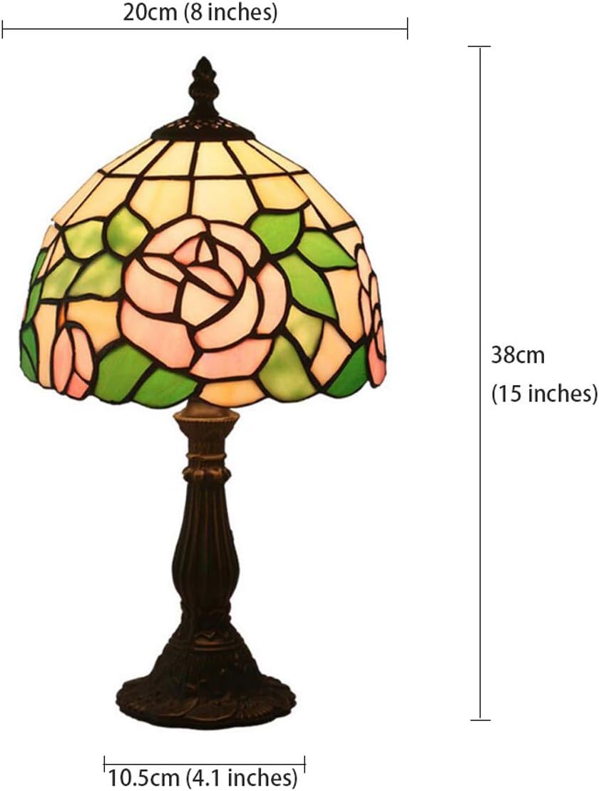 Tiffany Style Antique Stained Glass Table Lamp Pink Rose Lamp Shade Zinc Alloy Base Bedside Lamp for Living Room Bedroom Coffee
