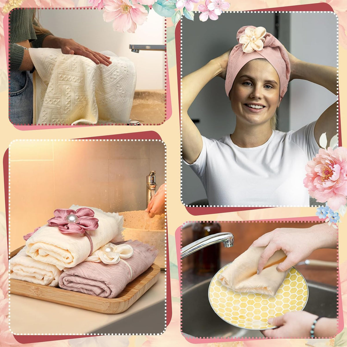 3 Pcs Spring Decorative Pink Mauve Hand Towels with Flower Hairband 13 x 29'' Pink Coquette Floral Towels for Bathroom Cotton Absorbent Bath Decor for Wedding Birthday Gift Yoga Spa