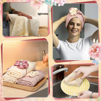 3 Pcs Spring Decorative Pink Mauve Hand Towels with Flower Hairband 13 x 29'' Pink Coquette Floral Towels for Bathroom Cotton Absorbent Bath Decor for Wedding Birthday Gift Yoga Spa