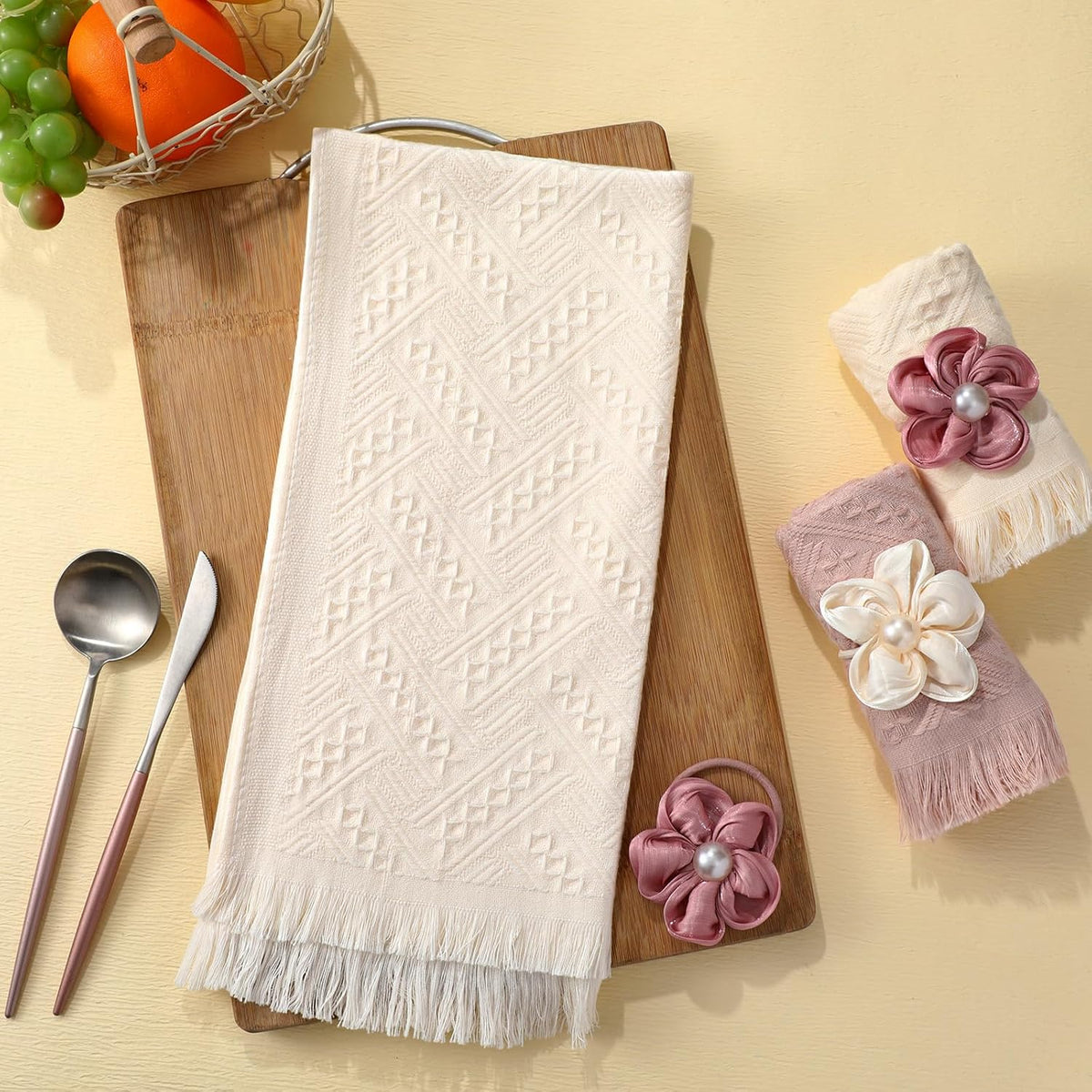 3 Pcs Spring Decorative Pink Mauve Hand Towels with Flower Hairband 13 x 29'' Pink Coquette Floral Towels for Bathroom Cotton Absorbent Bath Decor for Wedding Birthday Gift Yoga Spa