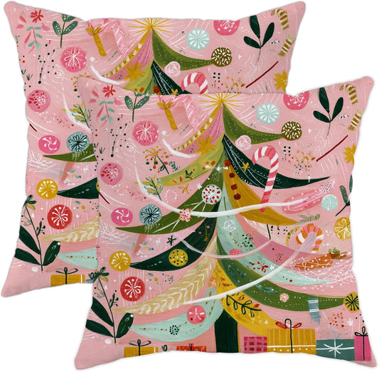 Christmas Tree Throw Pillow Covers, Festive Fanciful Candy Cane Xmas Ornaments Peach Soft Velvet Washable Pattern Pillow Covers for Home Living Room Bedroom Dorm Couch Decor 12x12 Inch