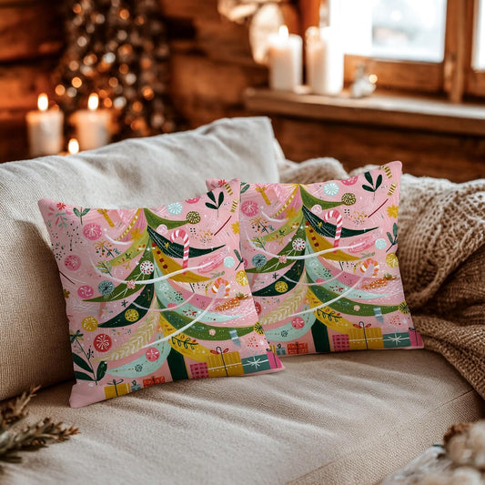 Christmas Tree Throw Pillow Covers, Festive Fanciful Candy Cane Xmas Ornaments Peach Soft Velvet Washable Pattern Pillow Covers for Home Living Room Bedroom Dorm Couch Decor 12x12 Inch