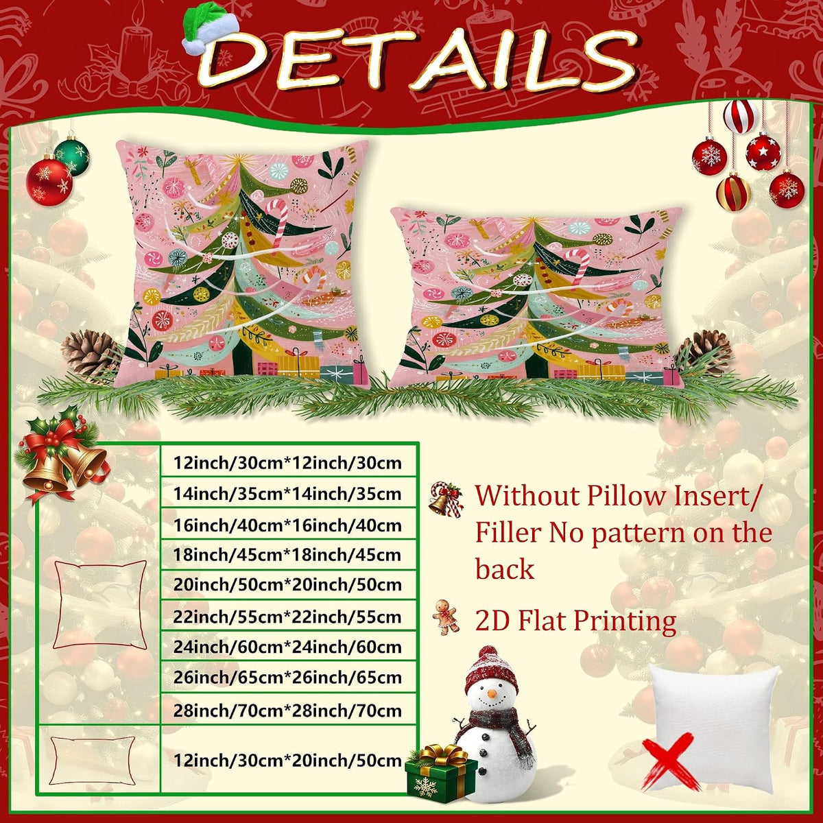 Christmas Tree Throw Pillow Covers, Festive Fanciful Candy Cane Xmas Ornaments Peach Soft Velvet Washable Pattern Pillow Covers for Home Living Room Bedroom Dorm Couch Decor 12x12 Inch