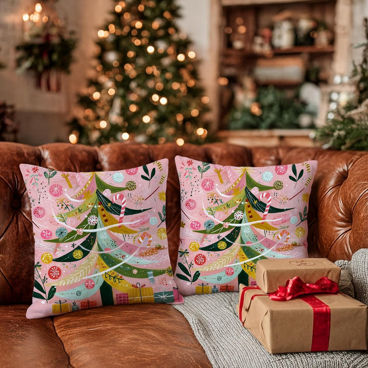 Christmas Tree Throw Pillow Covers, Festive Fanciful Candy Cane Xmas Ornaments Peach Soft Velvet Washable Pattern Pillow Covers for Home Living Room Bedroom Dorm Couch Decor 12x12 Inch