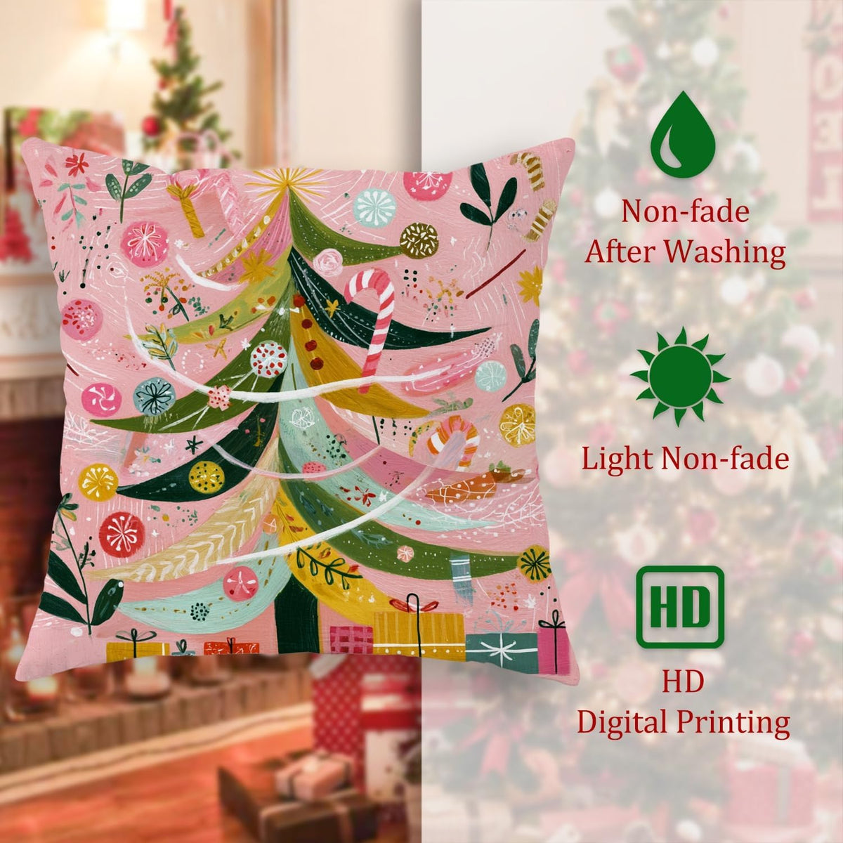 Christmas Tree Throw Pillow Covers, Festive Fanciful Candy Cane Xmas Ornaments Peach Soft Velvet Washable Pattern Pillow Covers for Home Living Room Bedroom Dorm Couch Decor 12x12 Inch
