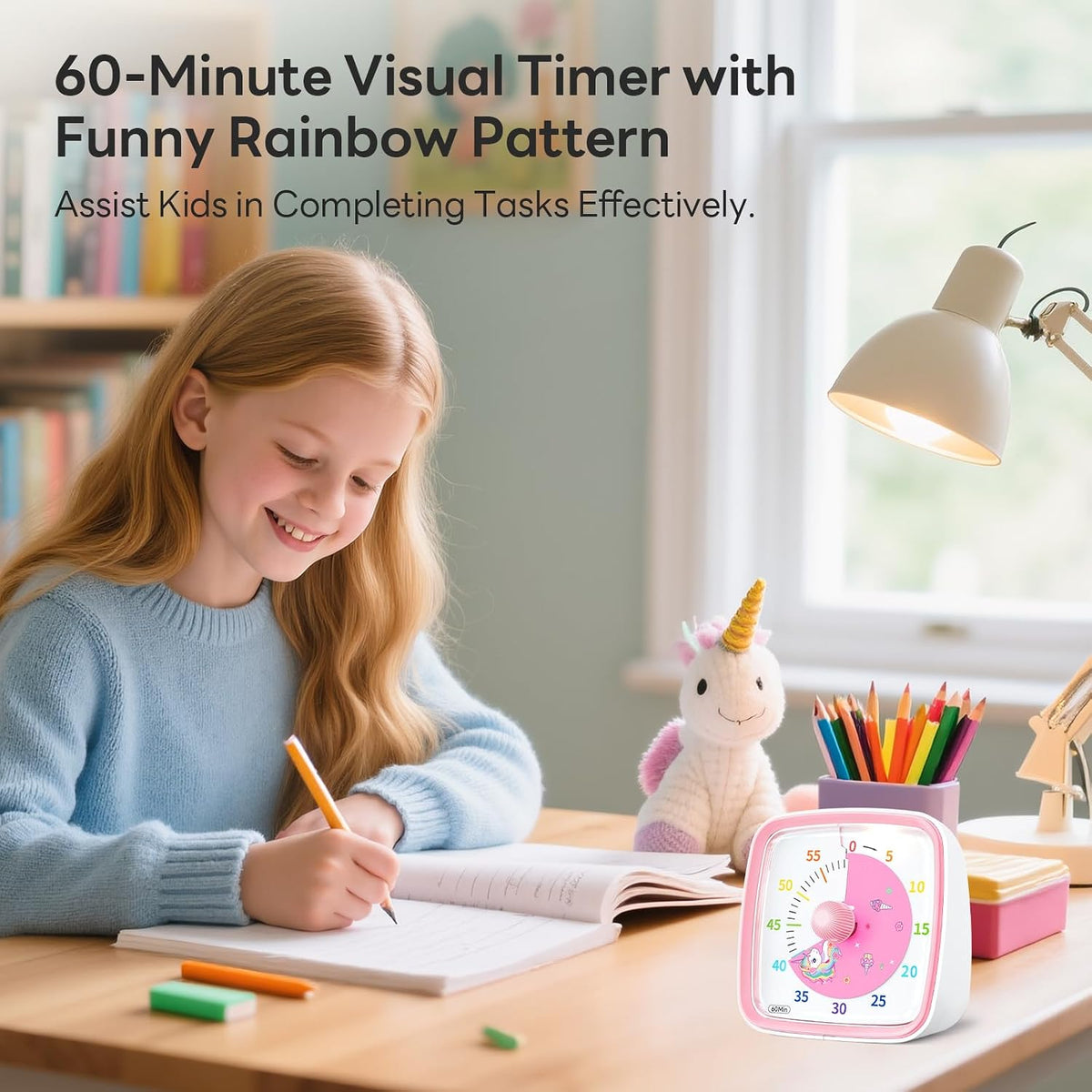 Visual Timer with Night Light, 60 Minute Countdown, Pink Unicorn