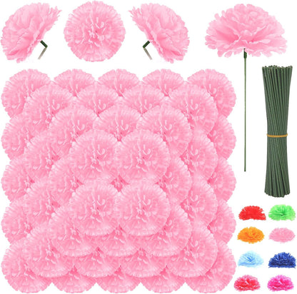 108pcs Carnation Head Flowers with Stem, 3.5" Pink Silk Carnations