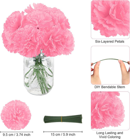108pcs Carnation Head Flowers with Stem, 3.5" Pink Silk Carnations
