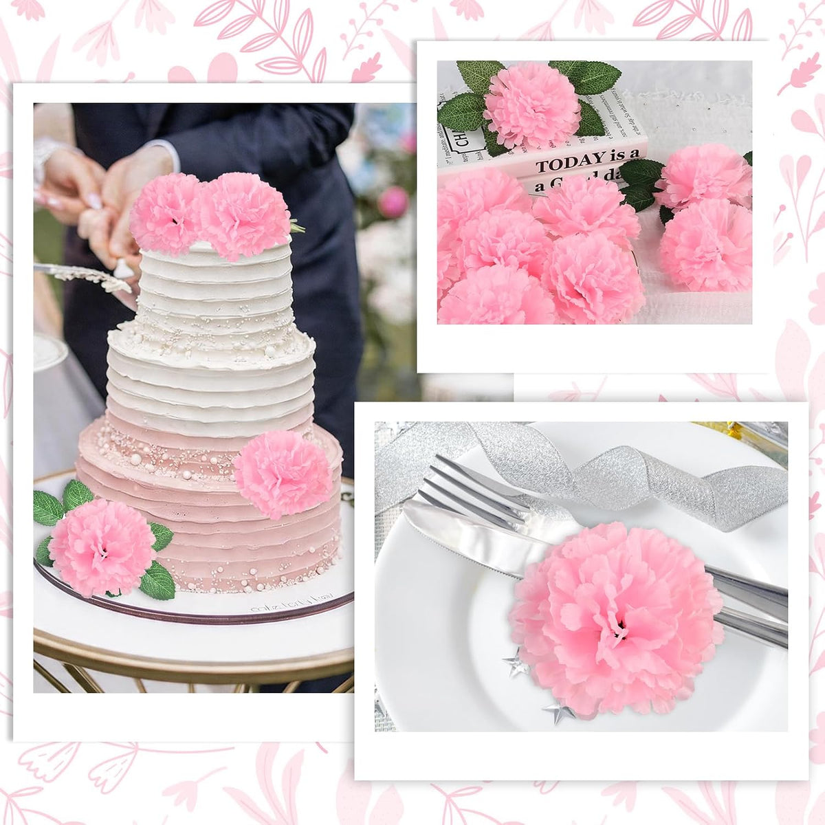 108pcs Carnation Head Flowers with Stem, 3.5" Pink Silk Carnations