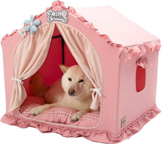 Indoor Dog House with Frame,Cute Dog Tent Bed with Cover Cave,Pink