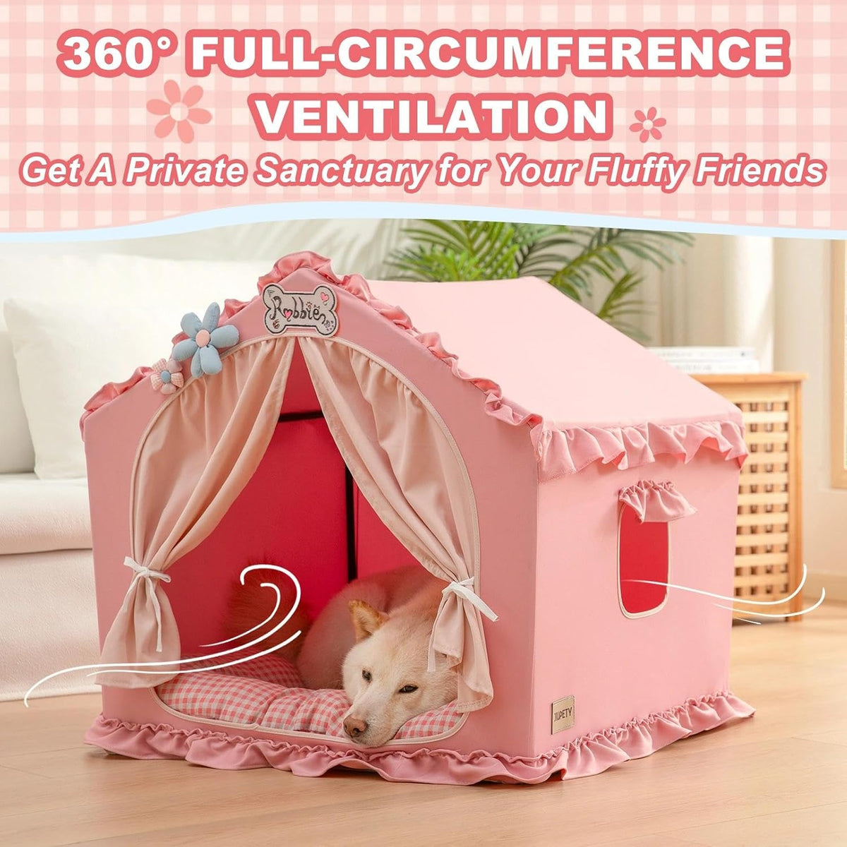 Indoor Dog House with Frame,Cute Dog Tent Bed with Cover Cave,Pink