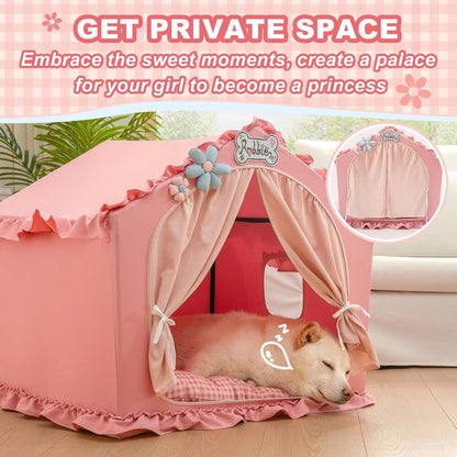 Indoor Dog House with Frame,Cute Dog Tent Bed with Cover Cave,Pink