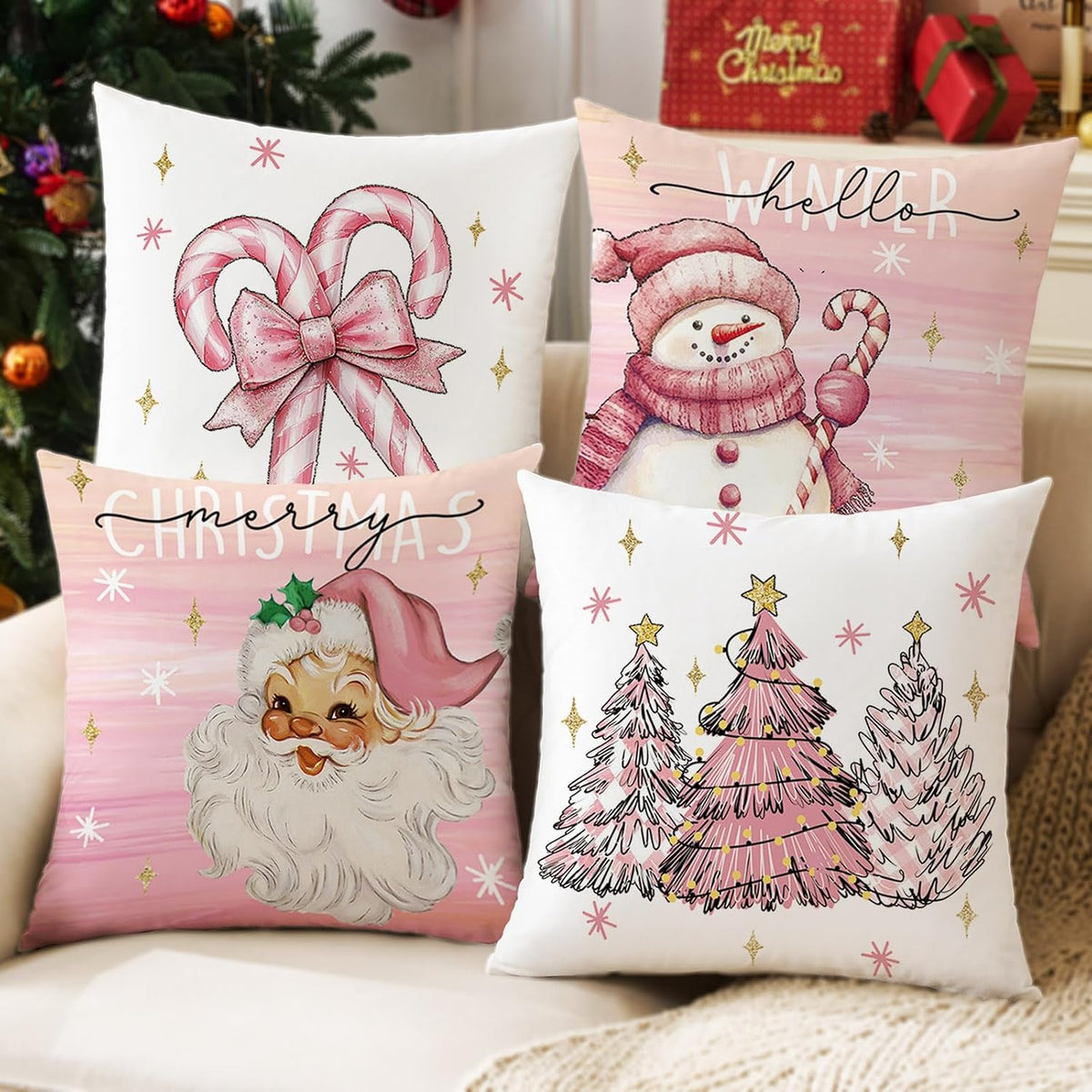 Pink Candy Canes Christmas Decorative Throw Pillow Covers 18x18 set of 4, Pink Bow Snowman Tree & Candycane Christmas Decor Throw Pillows 18 x 18, Santa Claus Xmas Holiday Decor Pillows for Couch