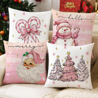 Pink Candy Canes Christmas Decorative Throw Pillow Covers 18x18 set of 4, Pink Bow Snowman Tree & Candycane Christmas Decor Throw Pillows 18 x 18, Santa Claus Xmas Holiday Decor Pillows for Couch