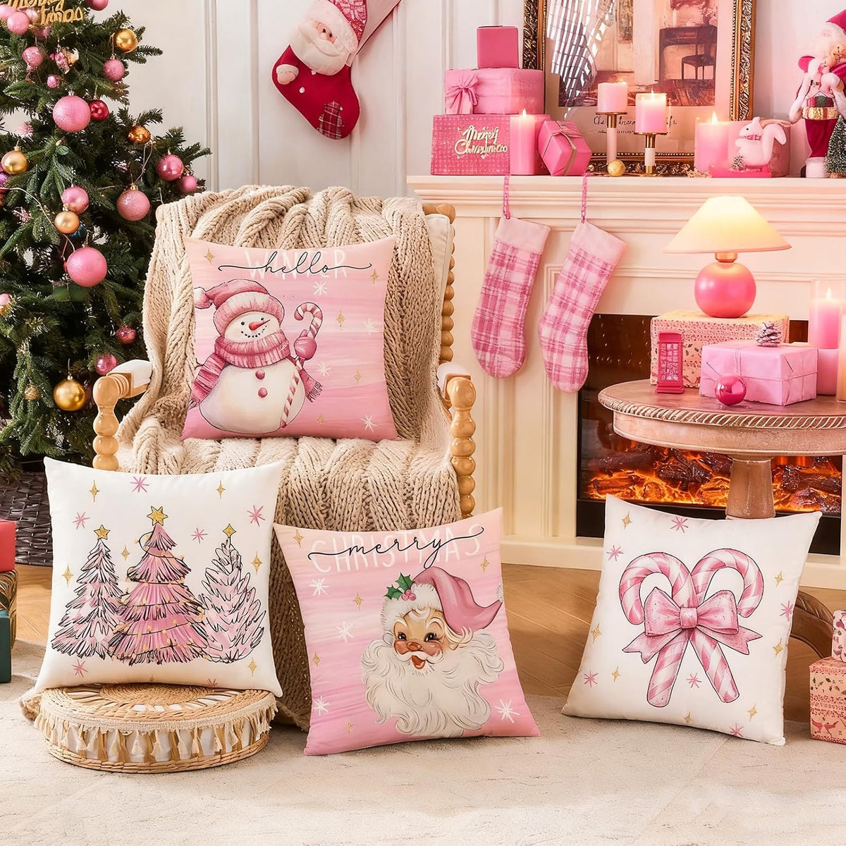 Pink Candy Canes Christmas Decorative Throw Pillow Covers 18x18 set of 4, Pink Bow Snowman Tree & Candycane Christmas Decor Throw Pillows 18 x 18, Santa Claus Xmas Holiday Decor Pillows for Couch
