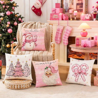 Pink Candy Canes Christmas Decorative Throw Pillow Covers 18x18 set of 4, Pink Bow Snowman Tree & Candycane Christmas Decor Throw Pillows 18 x 18, Santa Claus Xmas Holiday Decor Pillows for Couch