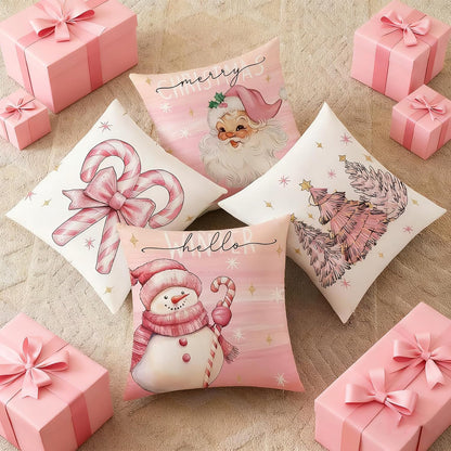 Pink Candy Canes Christmas Decorative Throw Pillow Covers 18x18 set of 4, Pink Bow Snowman Tree & Candycane Christmas Decor Throw Pillows 18 x 18, Santa Claus Xmas Holiday Decor Pillows for Couch