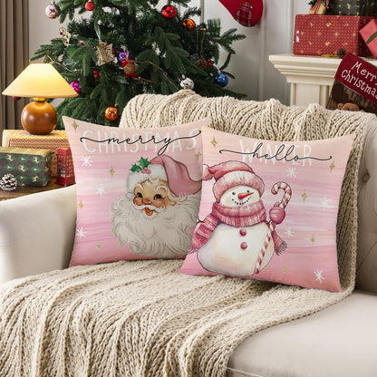 Pink Candy Canes Christmas Decorative Throw Pillow Covers 18x18 set of 4, Pink Bow Snowman Tree & Candycane Christmas Decor Throw Pillows 18 x 18, Santa Claus Xmas Holiday Decor Pillows for Couch