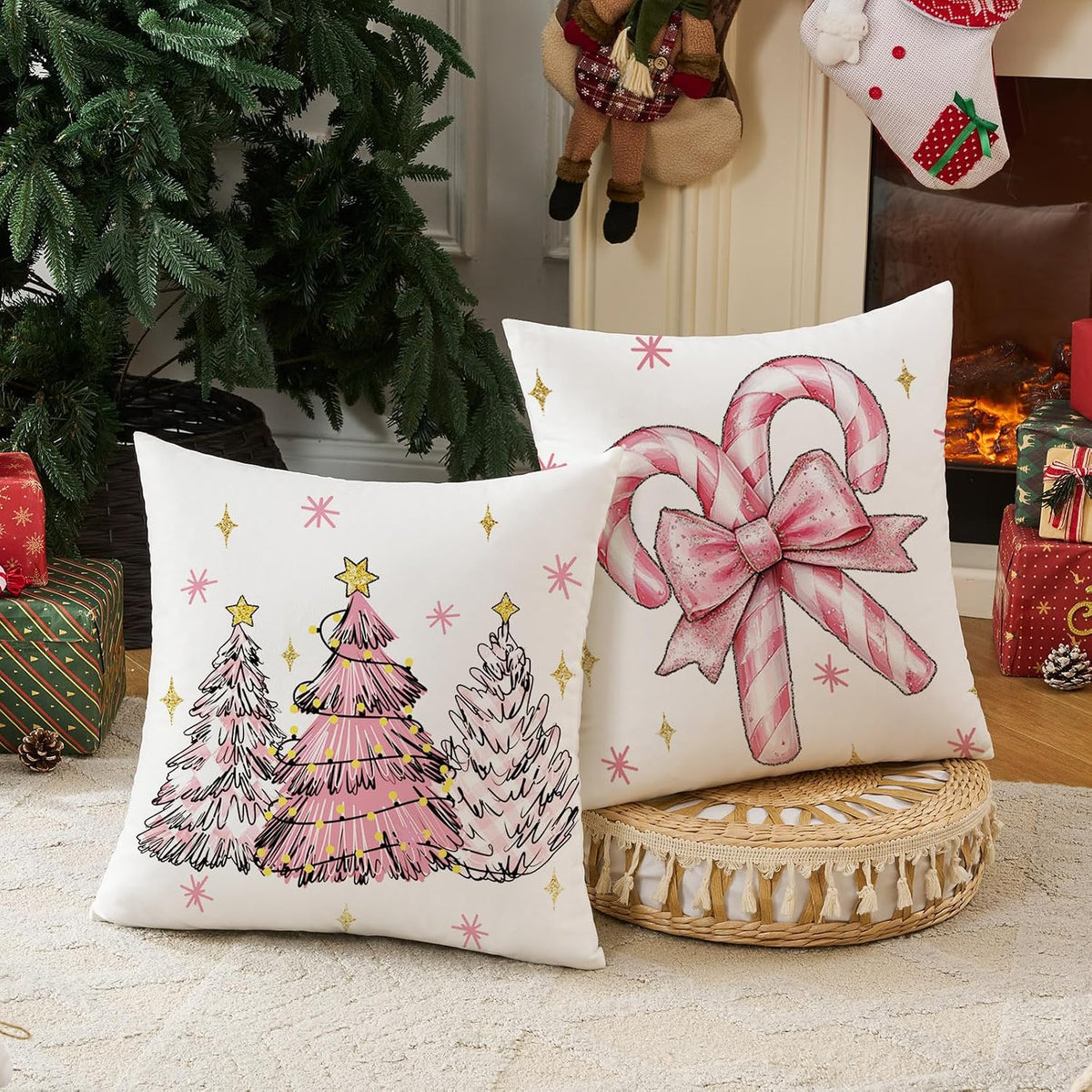 Pink Candy Canes Christmas Decorative Throw Pillow Covers 18x18 set of 4, Pink Bow Snowman Tree & Candycane Christmas Decor Throw Pillows 18 x 18, Santa Claus Xmas Holiday Decor Pillows for Couch
