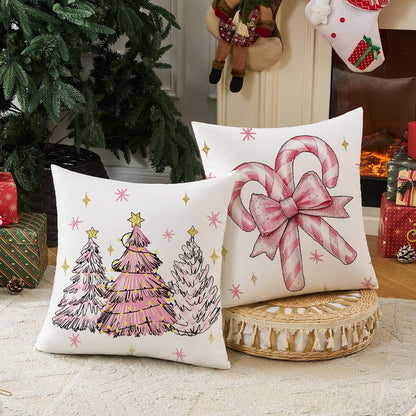 Pink Candy Canes Christmas Decorative Throw Pillow Covers 18x18 set of 4, Pink Bow Snowman Tree & Candycane Christmas Decor Throw Pillows 18 x 18, Santa Claus Xmas Holiday Decor Pillows for Couch
