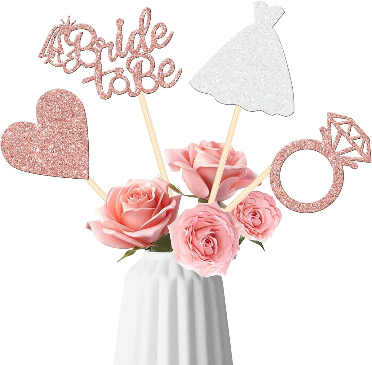 12 PCS Bride to Be Centerpiece Sticks Double Sided Glitter Heart Ring Dress Bridal Shower Table Flower Centerpieces for Wedding Engagement Bachelorette Party Flower Decorations Supplies Rose Gold