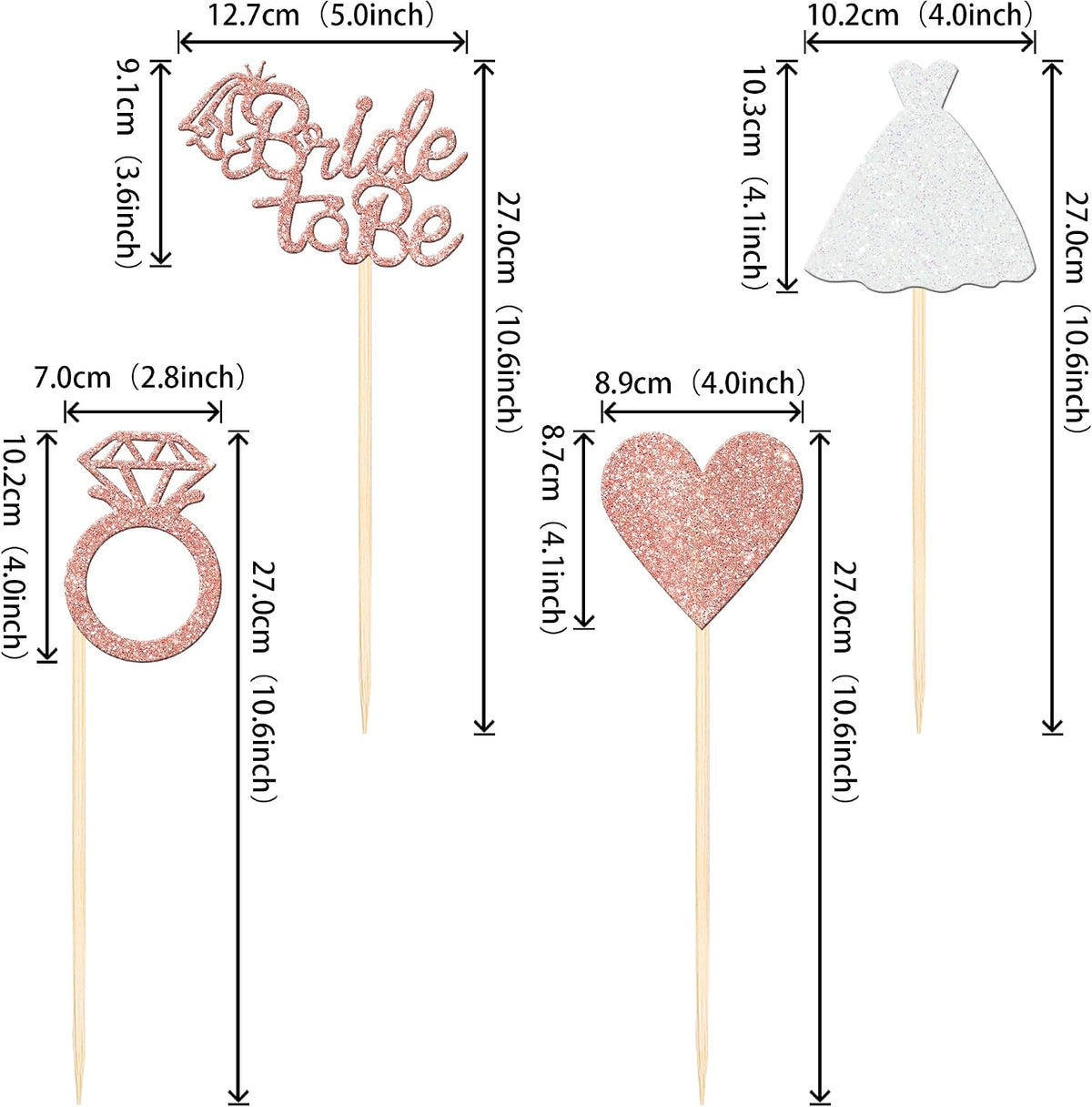 12 PCS Bride to Be Centerpiece Sticks Double Sided Glitter Heart Ring Dress Bridal Shower Table Flower Centerpieces for Wedding Engagement Bachelorette Party Flower Decorations Supplies Rose Gold