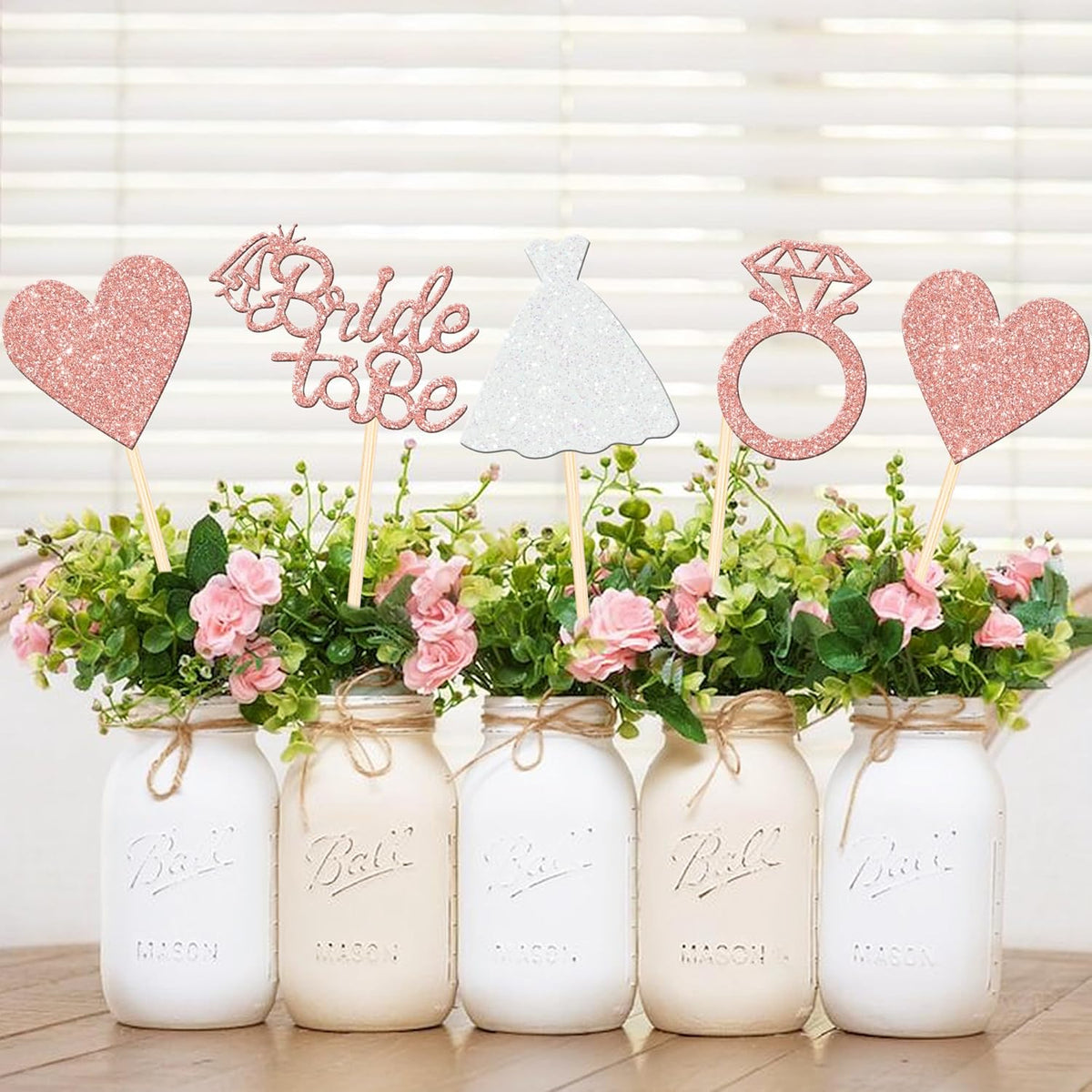 12 PCS Bride to Be Centerpiece Sticks Double Sided Glitter Heart Ring Dress Bridal Shower Table Flower Centerpieces for Wedding Engagement Bachelorette Party Flower Decorations Supplies Rose Gold
